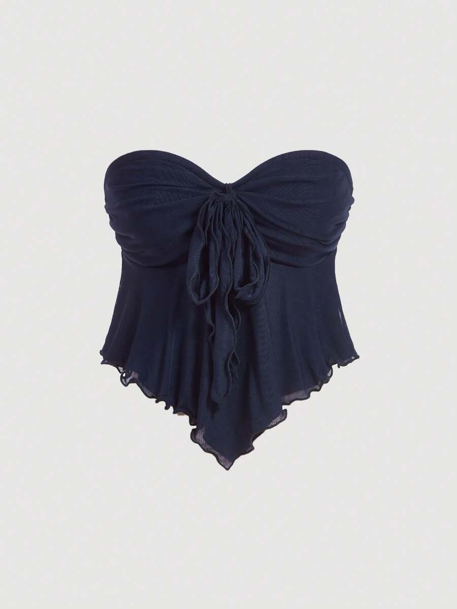 SHEIN MOD 女士尖下摆蝴蝶结系带网眼抹胸 - 藏蓝色 - 查看 1