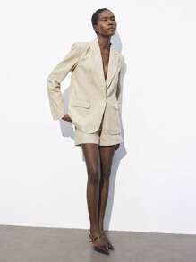 Maija 女款杏色早春休闲宽松翻领垫肩长袖口袋夹克松紧腰前扣拉链斜口袋短裤套装，时尚百搭通勤套装节日 - 卡其色 - 查看 3