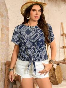 SHEIN LUNE 大码女式碎花圆领短袖休闲衬衫女式春季女式夏季女式复活节女式西部装女式夏季度假 - 彩色 - 查看 7