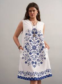 SHEIN LUNE Vestido de línea A sin mangas hasta la rodilla con estampado floral retro de talla grande, para looks bohemios de primavera, festivales y rave. Conjunto de loungewear para vacaciones de verano, ropa de mujer de estilo "old money", atuendos de mujer para el Día de San Patricio y Pascua, y para country concerts y conciertos de primavera.