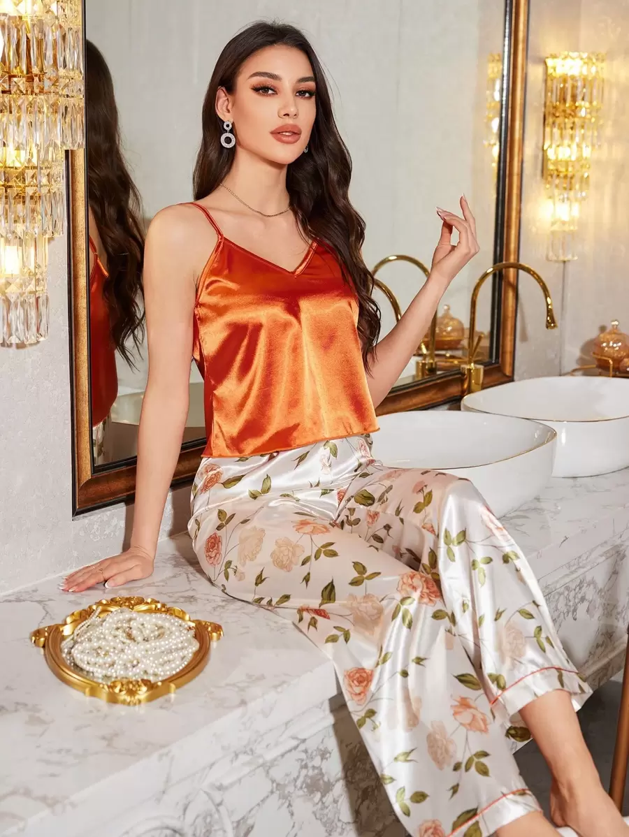 LuxeNights 2pcs Silk-Like Solid Cami And Floral Print Lounge Pants Women's Pajama Set - Orange - View 1