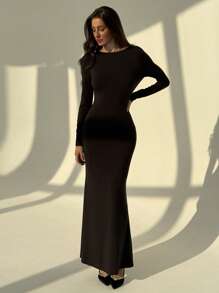 Aloruh 女士性感蝴蝶结网眼拼布鱼尾连衣裙 - 黑色 - 查看 2