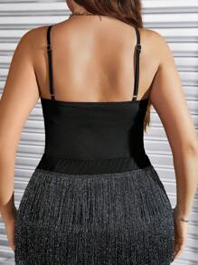 SHEIN LUNE Plus Size Elegant Solid Color Lace Patchwork Ruched Bodysuit,Black Summer Formal Evening Night Out Club Outfits For Women Beach Vacation Rave Festival - Black - View 2