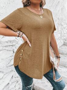 SHEIN Clasi Plus Size Casual Solid Color Short Sleeve Curved Hem T-Shirt - Camel - View 6