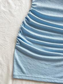 Soleia 女式度假针织纹理细肩带蝴蝶结后背蓝色紧身连衣裙