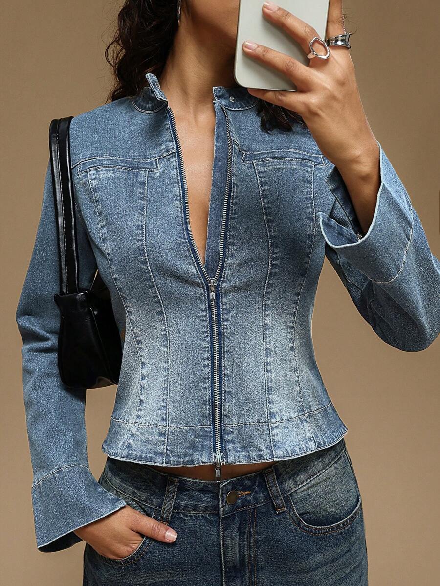 Forever 21 女式秋季长袖前拉链休闲牛仔夹克 - 淺色水洗藍 - 查看 1