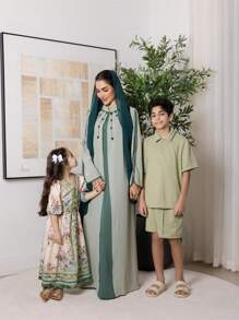 SHEIN Leap Crew Conjunto informal de 2 piezas con camisa de cuello polo de manga corta y pantalones cortos para niño preadolescente - Verde militar - Ver 4