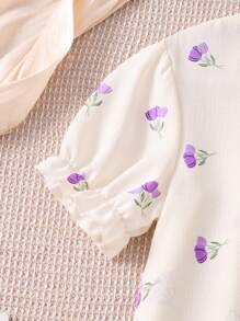 SHEIN Tween Girls Elegant Floral Print Long Nightgown, Apricot Color With Pink Lace, Fashionable Loungewear - Purple - View 3