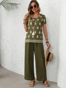 EMERY ROSE 2pcs Women Print Short Sleeve Top & Straight Leg Pants Set, Casual Daily Outfit, Spring/Summer - Multicolor - View 3