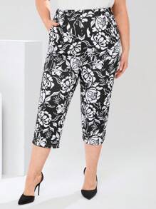 EMERY ROSE Plus Size All-Over Flower Print Casual  Elegant Pants, Summer Clothes Spring Outfits For Women Mature Elegant Woman
