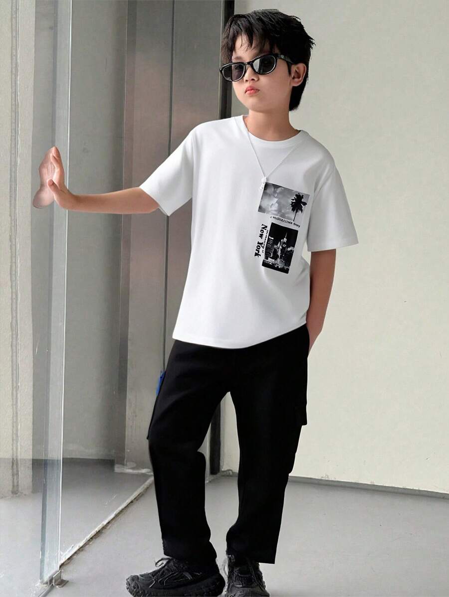 SHEIN 青少年男孩城市风景印花两件套：长袖 T 恤和裤子 - 白色 - 查看 1