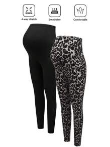 Modmama Set de leggings de maternidad ajustables de punto con estampado negro y de leopardo