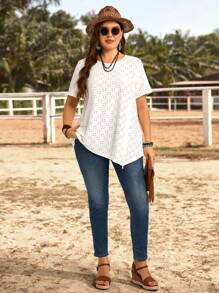 EMERY ROSE Plus Size Round Neck Short Sleeve Laser Cut & Embroidery Decor Casual T-Shirt,Summer Clothes,Vacation Outfits Woman / Vacation,Boho Women Clothing - White - View 3