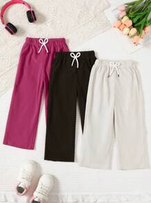 3pcs/Set Young Girl Casual Comfortable Pants, Spring/Autumn, Bow Elastic Waist, Solid Color Corduroy Material, Multi-Color Set, Straight Leg Sweatpants, School, Campus, College Chic Outfits For Autumn/Winter