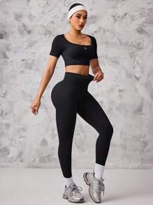 SHEIN Sport Studio Women's Solid Color Cropped Top And Leggings Seamless Activewear Set