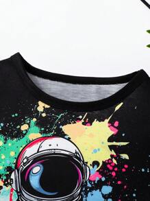 SHEIN 2 件套年轻男孩休闲简约舒适圆领短袖 T 恤和牛仔裤 - 黑色 - 查看 4