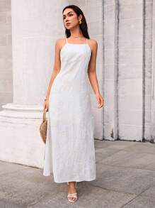 SHEIN Forever 21 Women's White Woven Fabric Maxi Dress: Sleeveless, Spaghetti Strap, Knot Detail, And Flared Hem For Effortless Summer Style - White - View 4