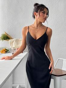 SHEIN EZwear 女士纯色长款修身休闲吊带连衣裙 - 黑色 - 查看 6