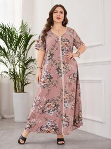 Lacomfia 休闲花卉印花荷叶边短袖宽松连衣裙，常规款式，大码，春夏 - 彩色 - 查看 6