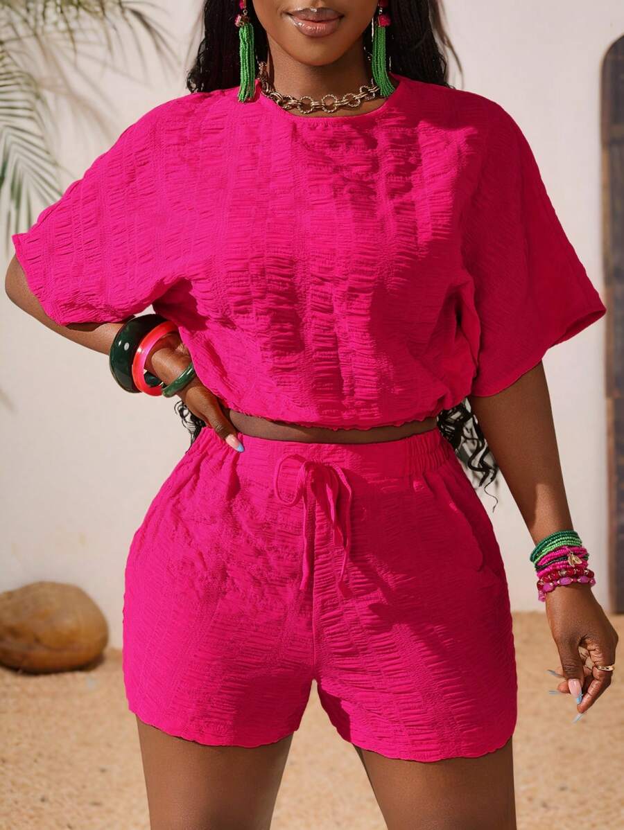 Slaydiva 2pcs New Solid Color Casual Outfit: Crew Neck Short Sleeve Top And Knotted Textured Fabric Shorts Set, Summer - Hot Pink - View 1