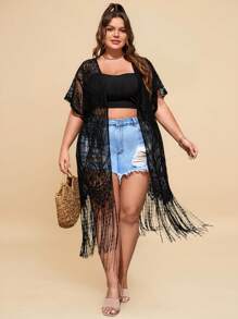 Travachic Kimono estivo taglie grandi con maniche a dolman, orlo con frange e pizzo, senza camicetta