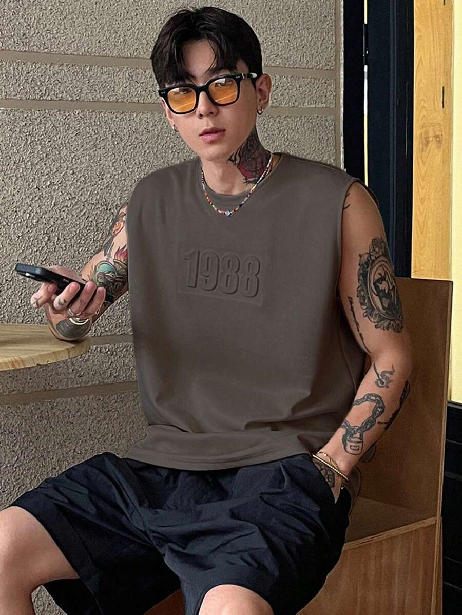 DAZY 男士字母印花麂皮休闲背心，灰色，夏季 - 深灰色 - 查看 1