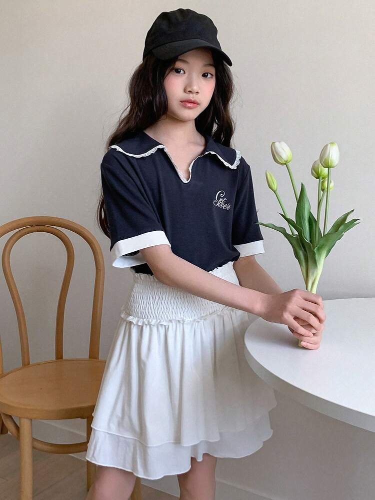 2pcs/Set Tween Girl Letter Print Short Sleeve Top And Waist Tie Skirt
