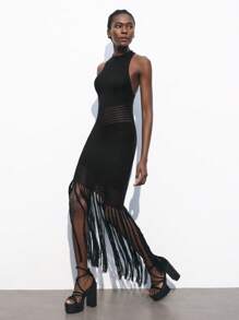 Maija Women's Black Sleeveless Textured Fabric Hollow-Out Fringe Hem Bodycon Dress, Fashionable & Sexy For Early Spring, Resort Wear, Suitable For Boho, 4th Of July, Saint John, Graduation, Holidays Casual Dresses For Woman Crochet Cruise Outfits Women Sexy Dresses For Women Western Dress Date Night Outfits Women Black Dress  Casual Dresses For Women - Black - View 4