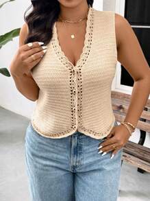 SHEIN Frenchy Plus Size Knit Top For Women, Summer Crochet Button Up Knit Vest, Aesthetic Sleeveless Top In Fall/Winter - Apricot - View 6