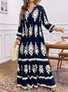 SHEIN PETITE CURVE Abito casual da vacanza, stile western, con stampa pasquale, adatto per festival musicali, taglie comode - Blu Navy - Visualizzare 8