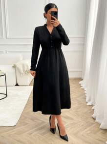 RueChic Women's Solid Casual Long Sleeve Midi Dress - Black - View 1