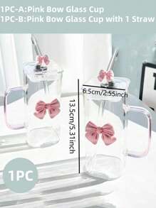 1 件奢华简约方形玻璃杯吸管，蝴蝶结手柄，耐热，13.52 盎司容量，适用于家庭、餐厅、厨房、牛奶、咖啡、果汁 - 粉色 - 查看 2