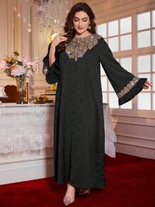 Al Najma Plus Size New Elegant Long Sleeve Jacquard Fabric Luxury Ladies Robe, Modest Kaftan - Black - View 5