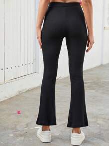 SHEIN PETITE Women's Solid Color Elastic Waist Casual Flare Leg Pants - Black - View 2