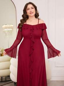 Modelyn Women Plus Size Off Shoulder Long Sleeve Flare Ruffled Mesh Elegant A-Line Dress - Red - View 3