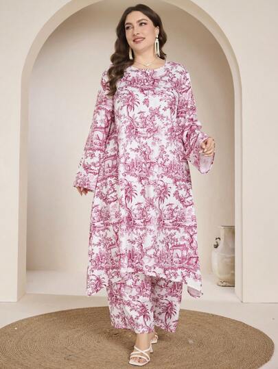 Graceveil Plus Size Women Arabic Style Floral Print Long Sleeve Relaxed Hem Shirt And Elastic Waist Wide Leg Pants Set, Casual,Modest