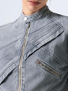 LYSMO 女士时尚做旧烟灰色牛仔短款夹克 2025 年夏季新品 - 灰色 - 查看 4