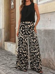 SHEIN Clasi Plus Size Women 2 Pieces Sets, Elegant 2 Pc Sets Sleeveless Shirt With Long Pants, Suitable For Going Out