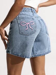SHEIN EZwear Women's Summer Casual Bow Embroidered Denim Shorts Y2k