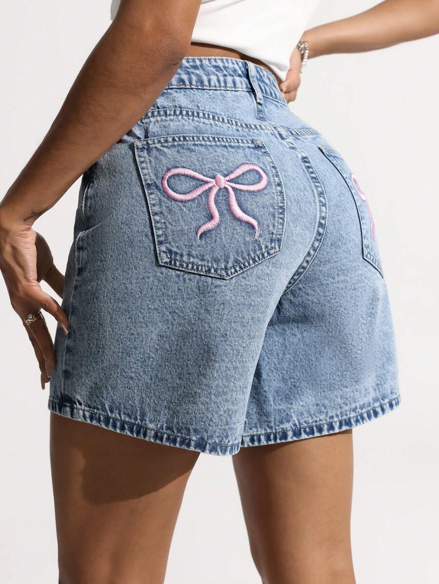 SHEIN EZwear Women's Summer Casual Bow Embroidered Denim Shorts Y2k