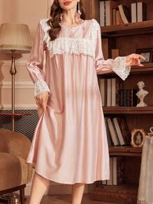 Vintage Palace Style Lace Patchwork 3/4 Sleeve Loose Women Long Nightgown - Dusty Pink - View 5