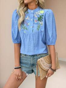 SHEIN Clasi Women's Blue Short Sleeve Shirt, Mesh Embroidered Woven Fabric, Simple Fashion Style With Buttons - Blue - View 1