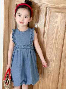 DAZY Vestido de mezclilla de manga corta y cuello redondo para niñas, conjunto de ropa de verano para niñas - Azul lavado medio - Ver 1