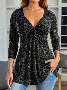 Women's V-Neck Long Sleeve Top, Minimalist Fashion Casual Everyday Wear Fall Cloth For Women - Black - View 1