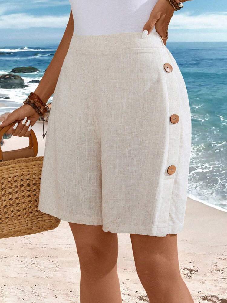 Plus Size Button Decor Minimalist Casual Shorts, Suitable For Commuting & Everyday Wear Spring For Women Vacation Linen, Summer