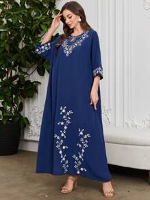 Al Najma Bata larga minimalista elegante de manga larga y calada para mujer - Azul Marino - Ver 3