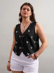 SHEIN LUNE Blusa casual senza maniche con scollo a V e chiusura monopetto, con motivo a farfalla, stile bohémien, adatta per l'estate, per donne di taglia comoda - nero - Visualizzare 4