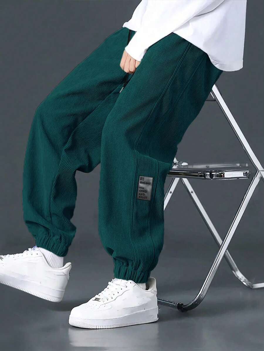 Manfinity Hypemode Men's Casual Simple Letter Drawstring Waist Corduroy Pants Pants For Men Baggy - Dark Green - View 1