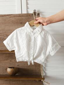 SHEIN Young Girl Vacation Beach Casual Versatile Embroidery Hollow White Loose Short Sleeve Blouse,Holiday,Summer,Travel - White - View 8