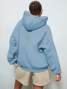 SUMWON WOMEN 舒适的插肩袖连帽衫，配有袋鼠口袋，休闲运动休闲运动衫，抽绳兜帽，非常适合秋冬家居服 - 藍色 - 查看 2